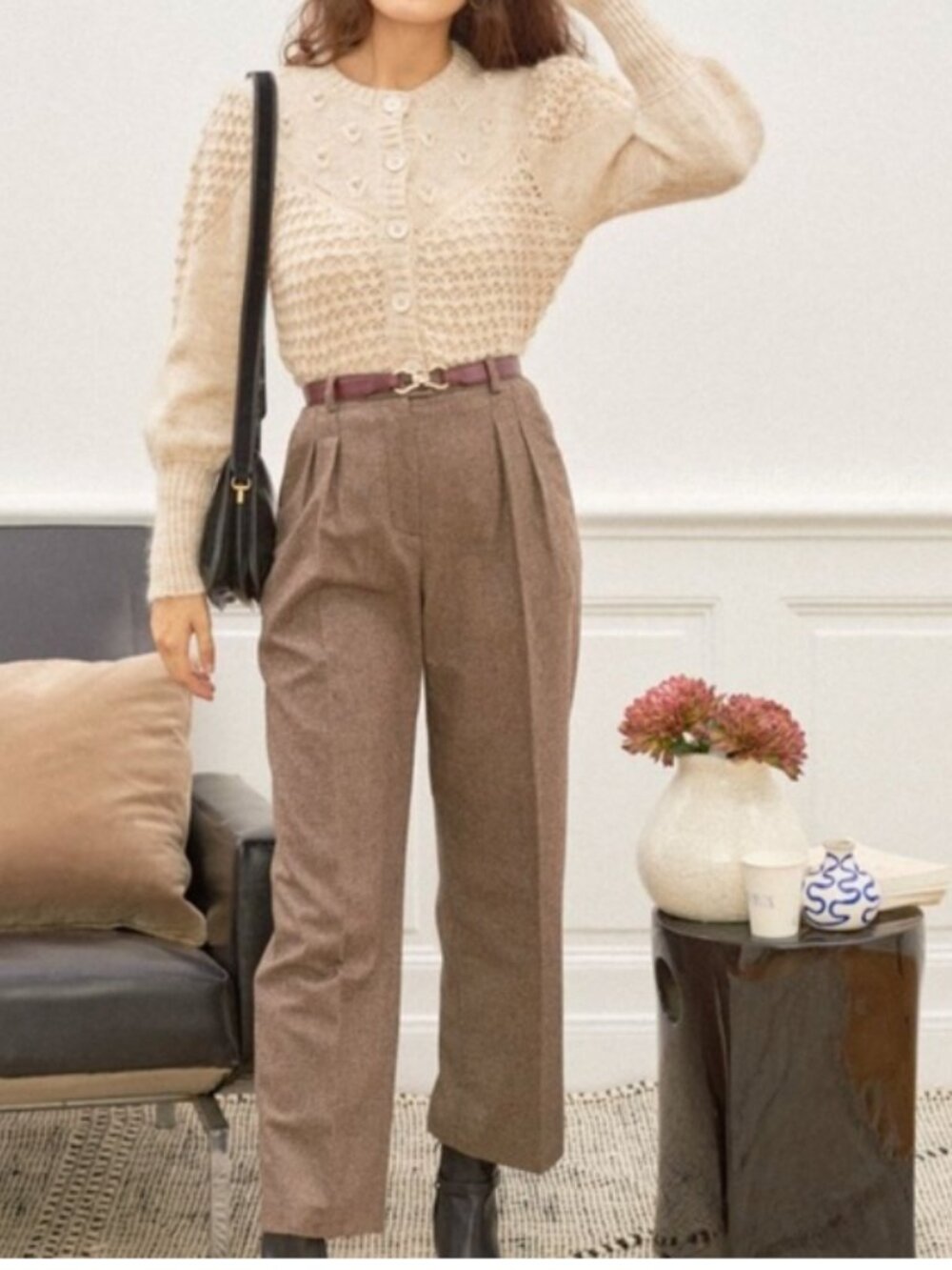 Rouje jeje beige herringbone wool trousers